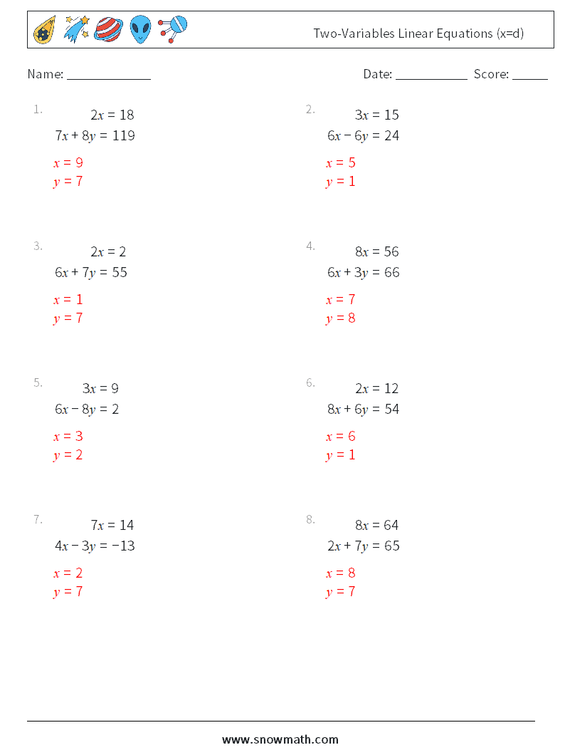 Two-Variables Linear Equations (x=d) Math Worksheets 11 Question, Answer