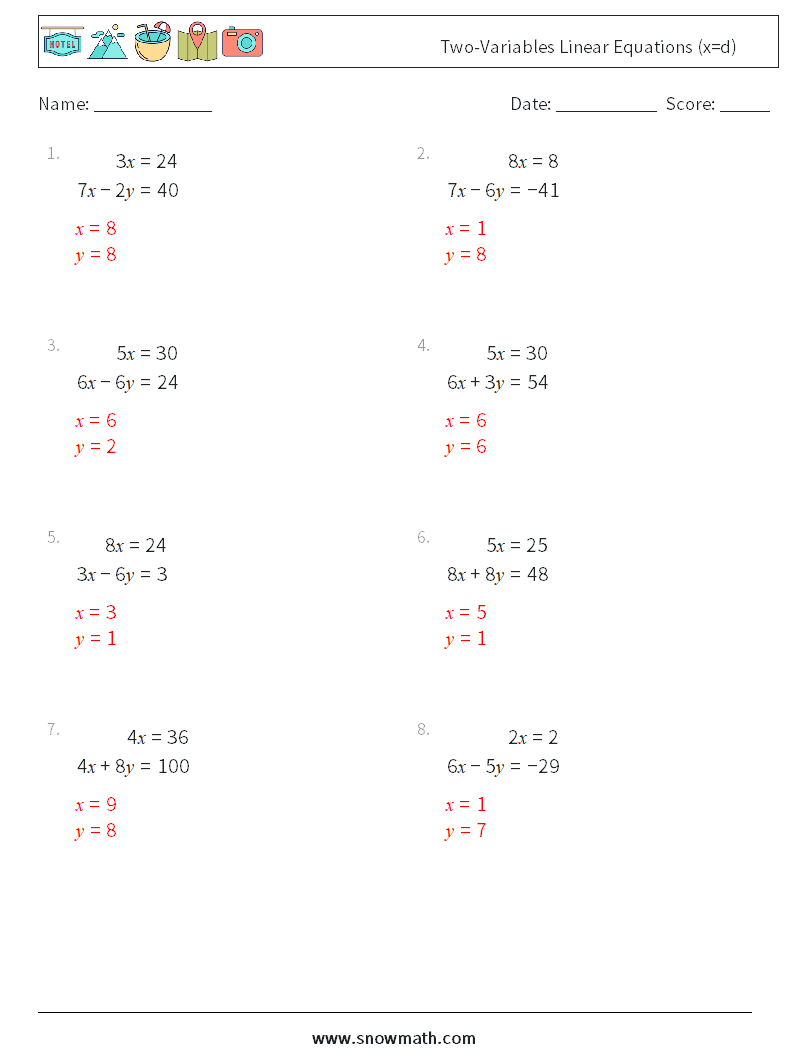 Two-Variables Linear Equations (x=d) Math Worksheets 13 Question, Answer