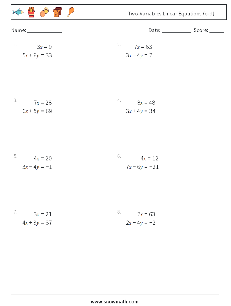 Two-Variables Linear Equations (x=d) Math Worksheets 14