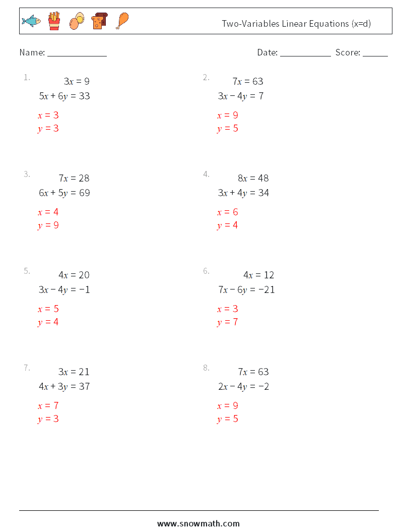 Two-Variables Linear Equations (x=d) Math Worksheets 14 Question, Answer