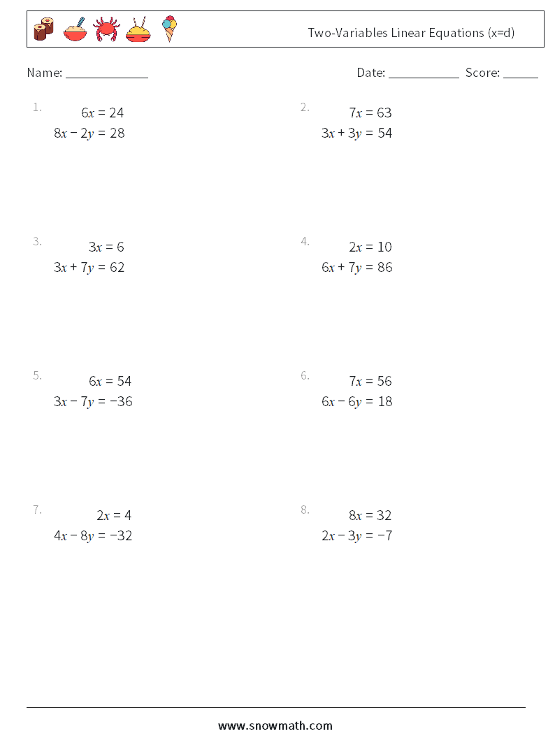 Two-Variables Linear Equations (x=d) Math Worksheets 15