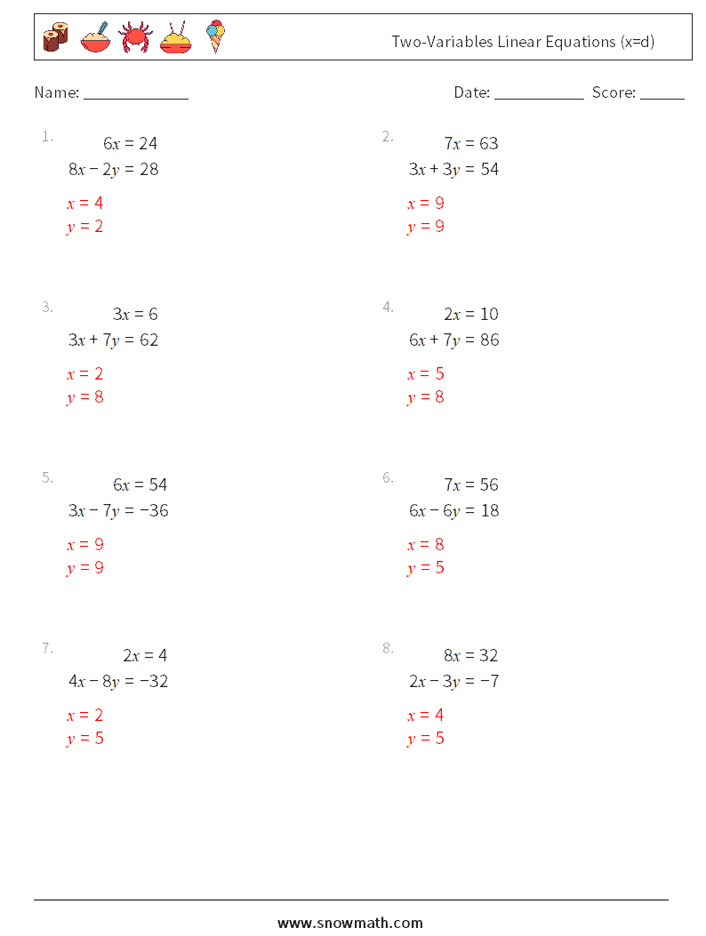 Two-Variables Linear Equations (x=d) Math Worksheets 15 Question, Answer