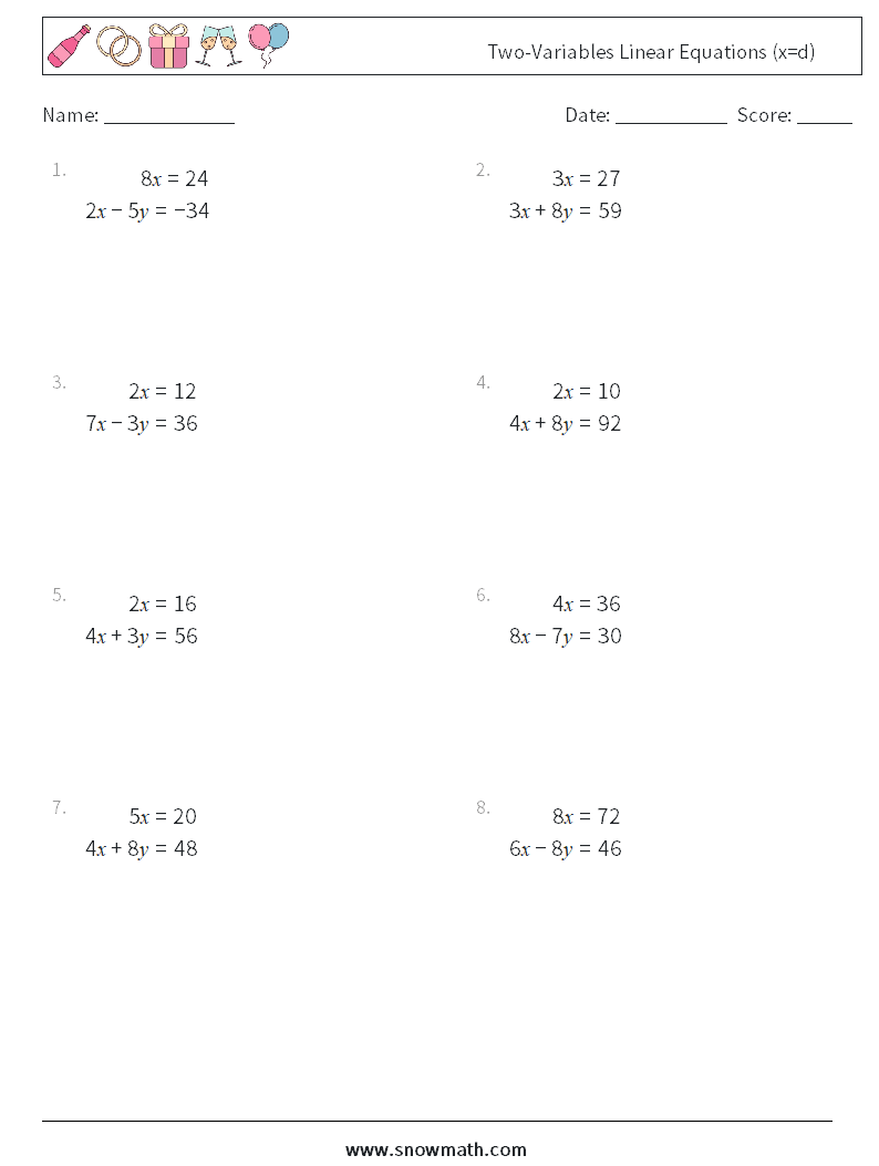 Two-Variables Linear Equations (x=d) Math Worksheets 16
