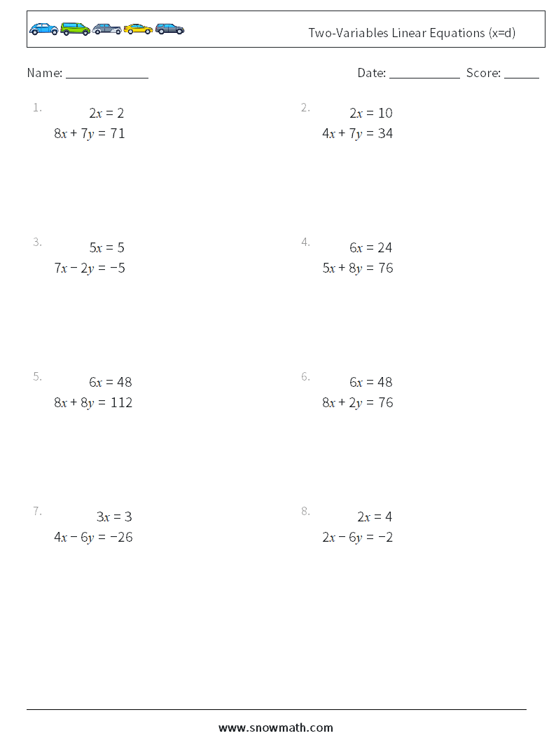 Two-Variables Linear Equations (x=d) Math Worksheets 18