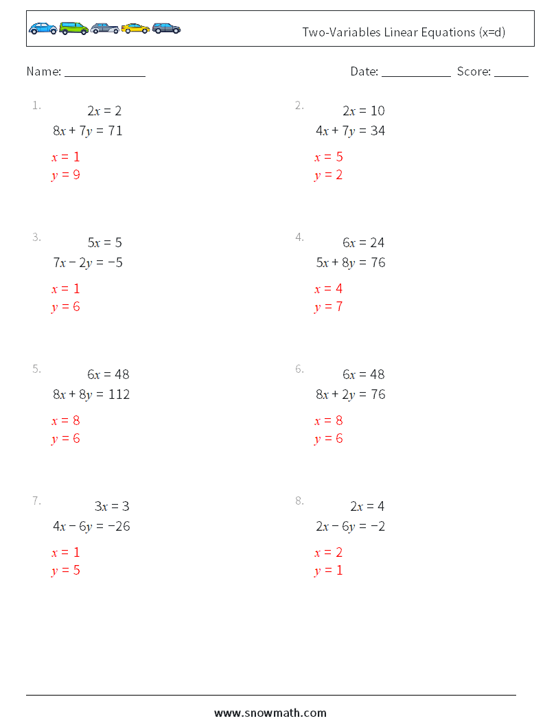 Two-Variables Linear Equations (x=d) Math Worksheets 18 Question, Answer