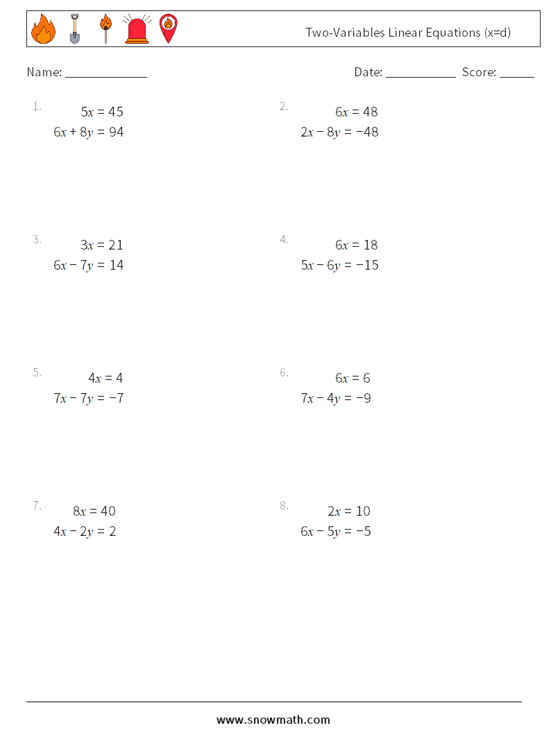 Two-Variables Linear Equations (x=d) Math Worksheets 3