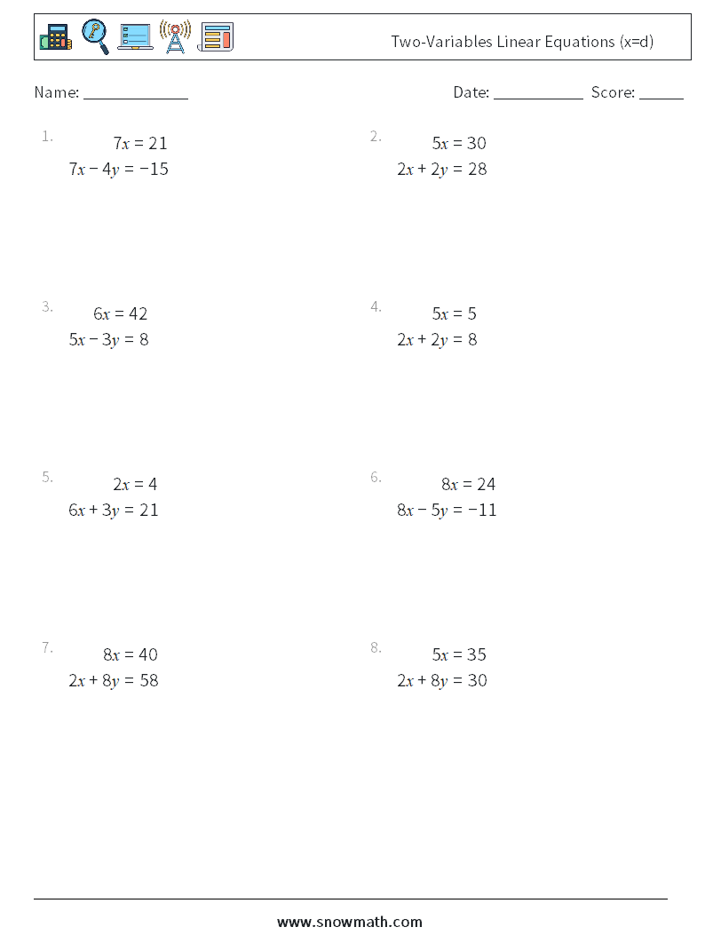 Two-Variables Linear Equations (x=d) Math Worksheets 9