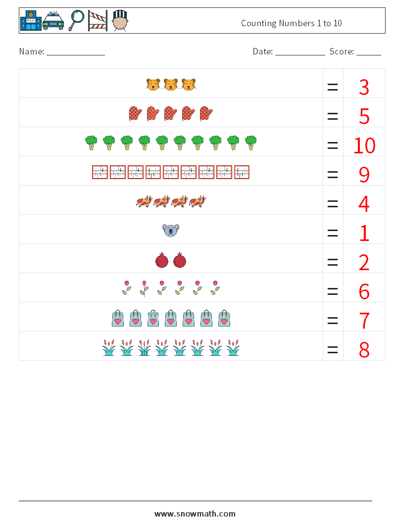 Counting Numbers 1 to 10 Math Worksheets 17 Question, Answer