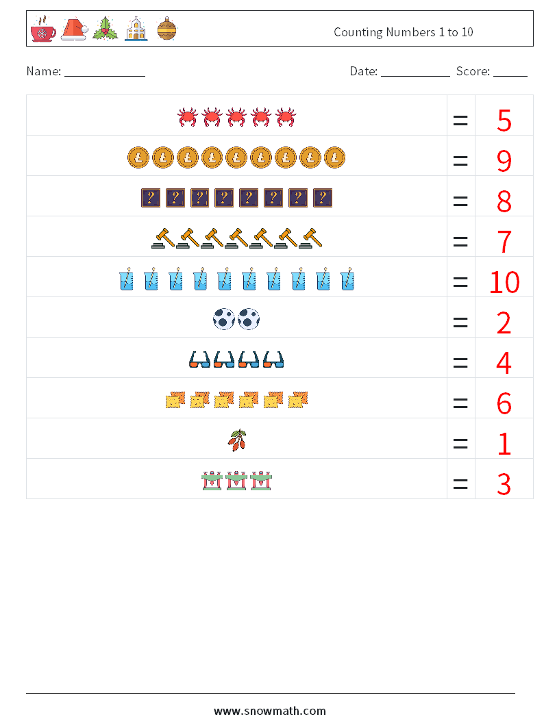 Counting Numbers 1 to 10 Math Worksheets 2 Question, Answer