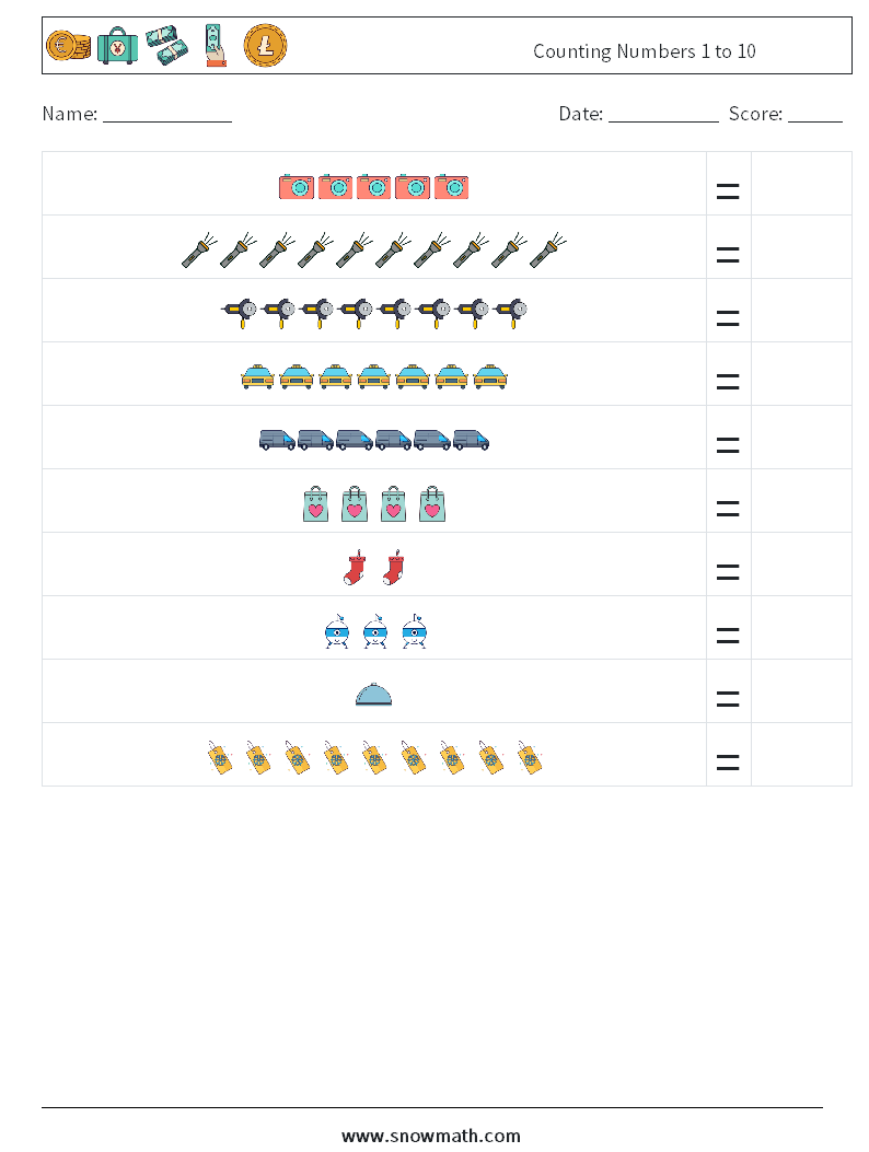 Counting Numbers 1 to 10 Math Worksheets 3