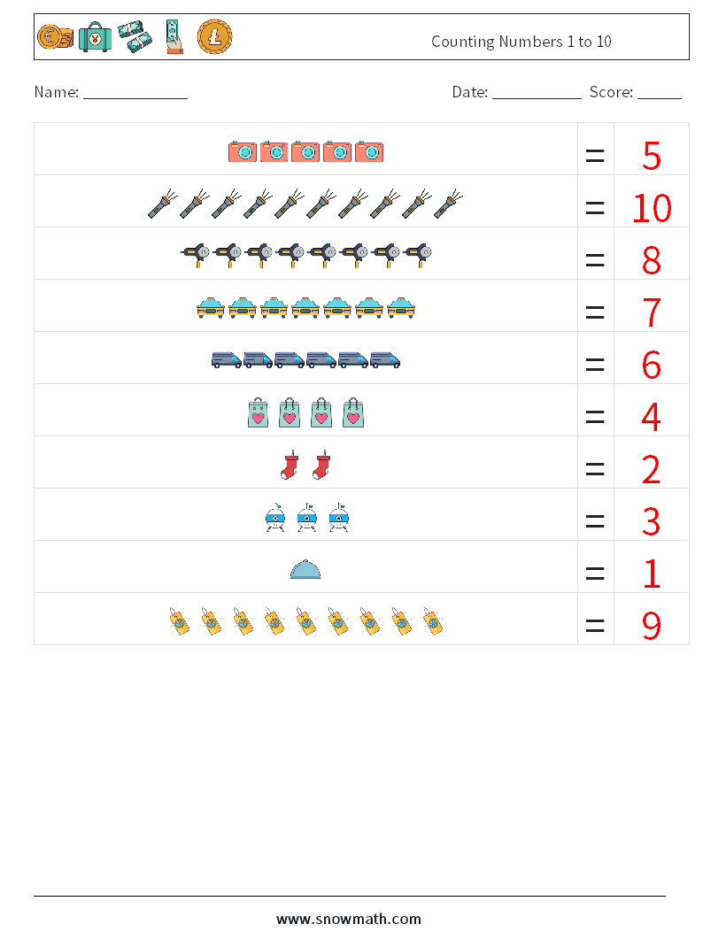 Counting Numbers 1 to 10 Math Worksheets 3 Question, Answer