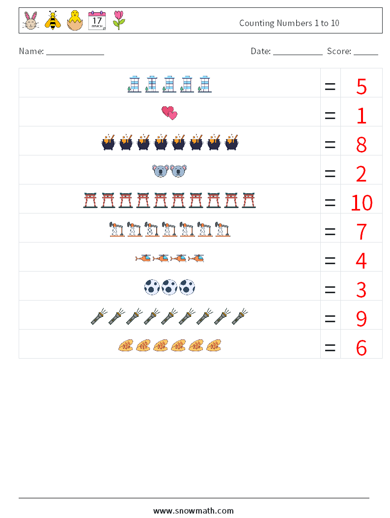 Counting Numbers 1 to 10 Math Worksheets 5 Question, Answer