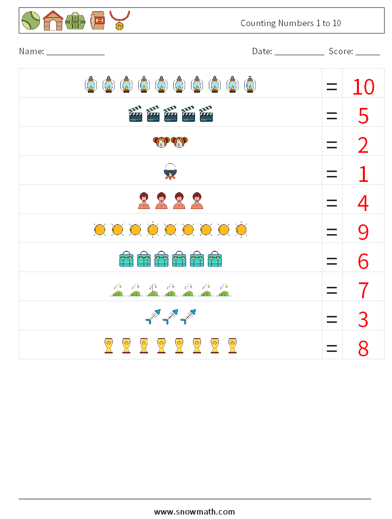 Counting Numbers 1 to 10 Math Worksheets 6 Question, Answer