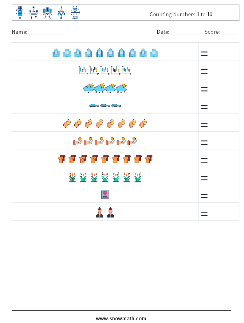 Counting Numbers 1 to 10 Math Worksheets 7