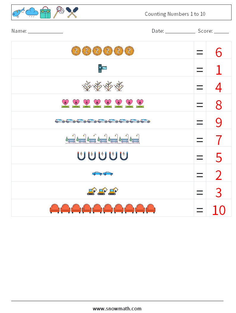 Counting Numbers 1 to 10 Math Worksheets 8 Question, Answer