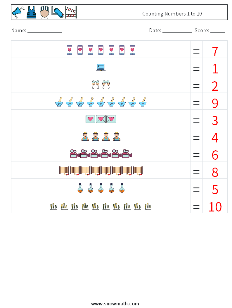 Counting Numbers 1 to 10 Math Worksheets 9 Question, Answer