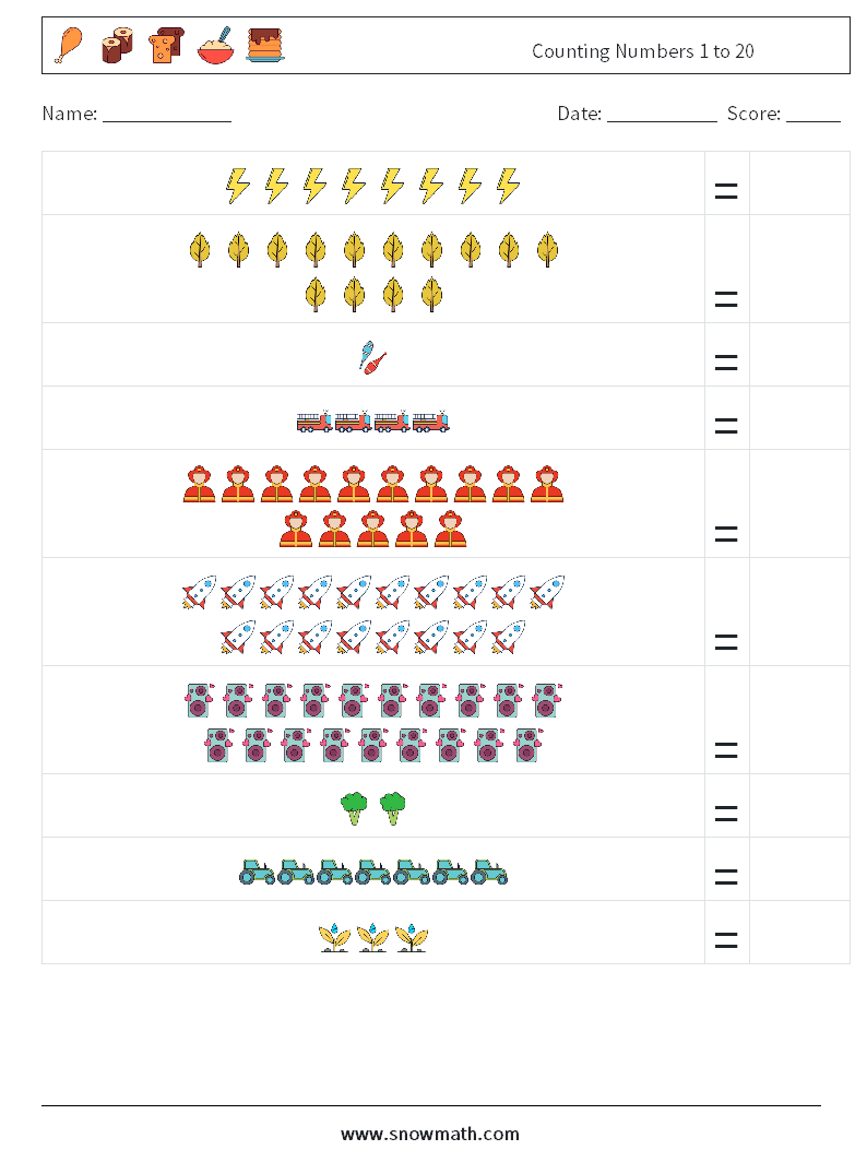 Counting Numbers 1 to 20 Math Worksheets 10