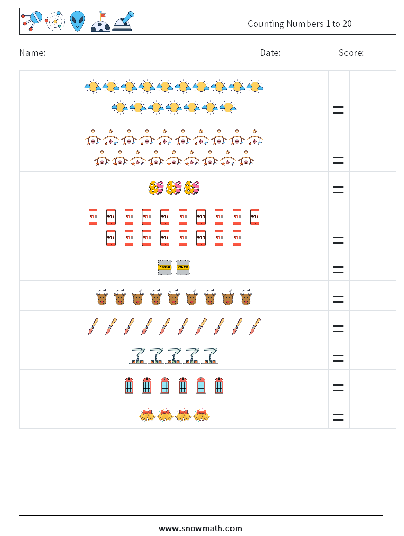 Counting Numbers 1 to 20 Math Worksheets 13