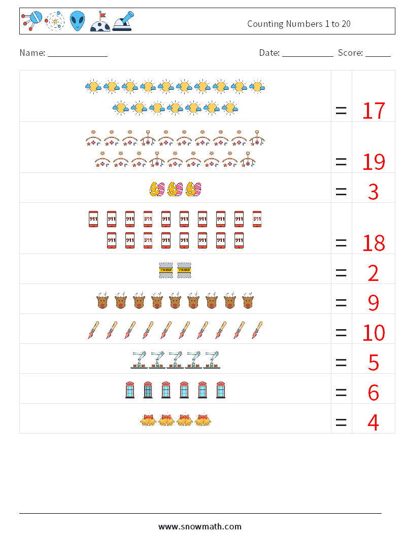 Counting Numbers 1 to 20 Math Worksheets 13 Question, Answer