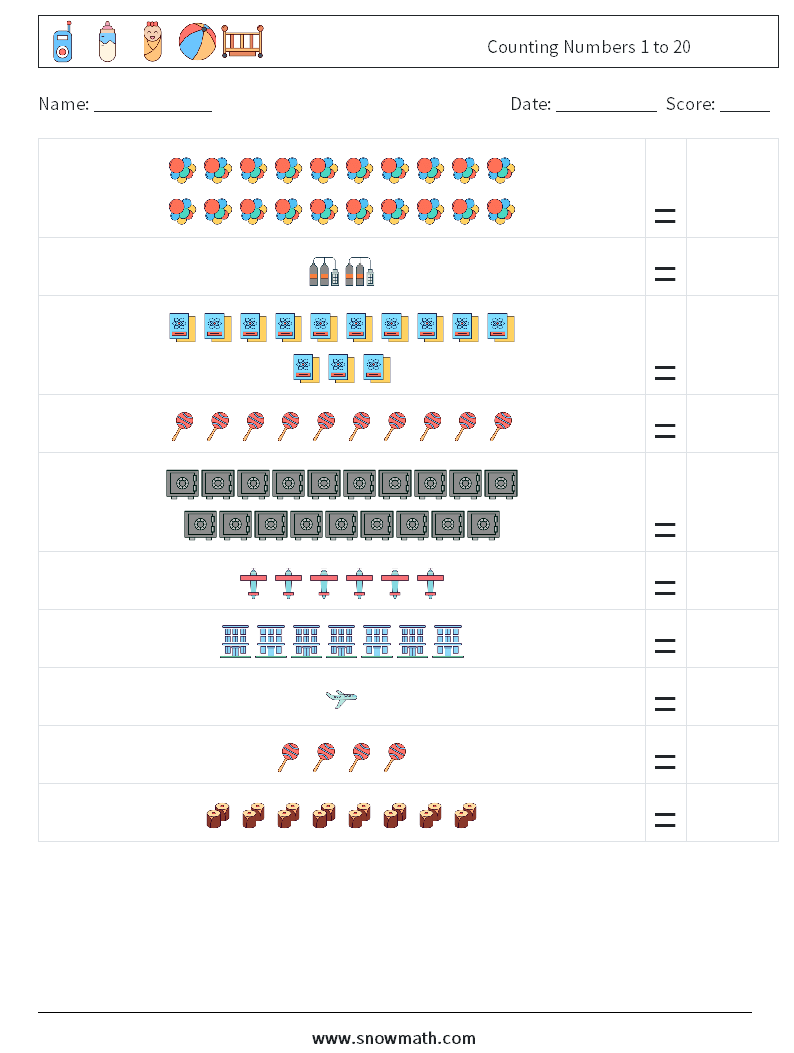 Counting Numbers 1 to 20 Math Worksheets 2