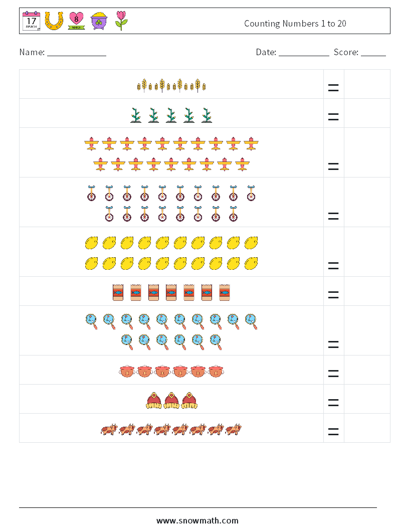 Counting Numbers 1 to 20 Math Worksheets 3