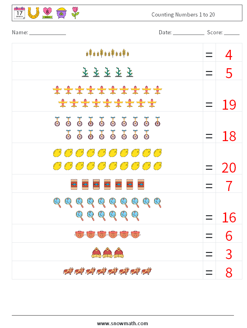 Counting Numbers 1 to 20 Math Worksheets 3 Question, Answer