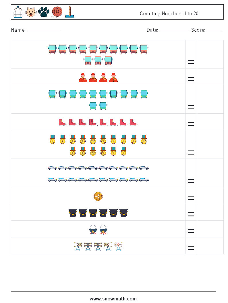 Counting Numbers 1 to 20 Math Worksheets 7