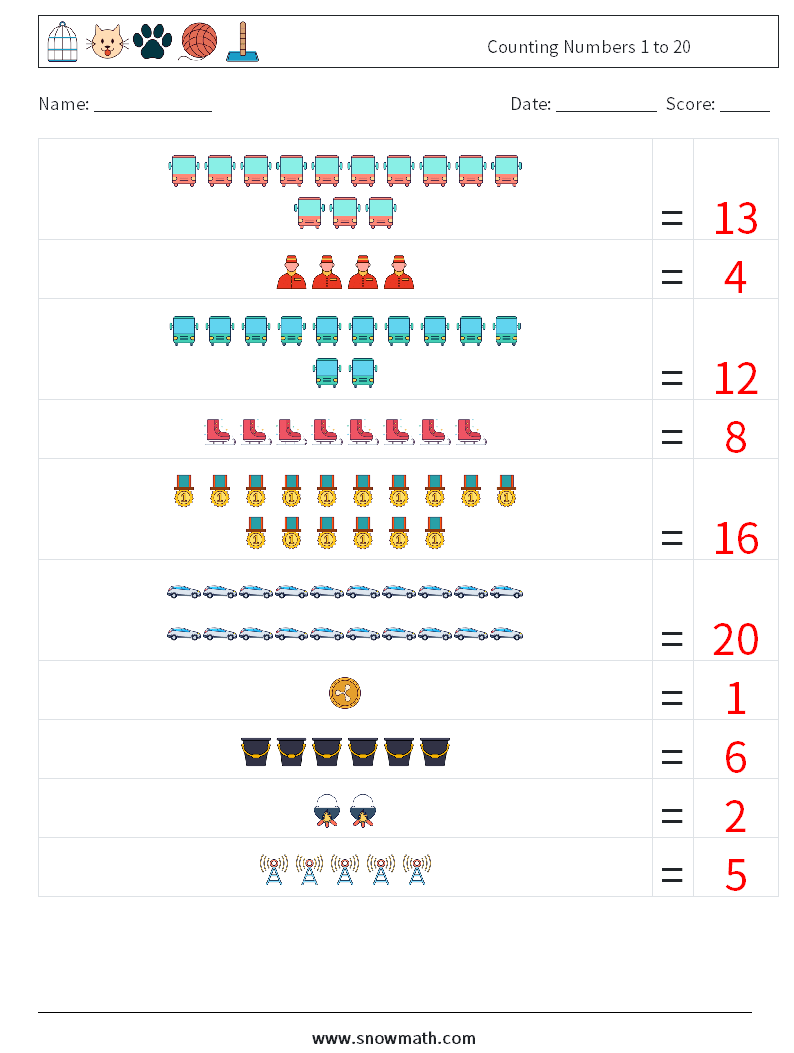 Counting Numbers 1 to 20 Math Worksheets 7 Question, Answer