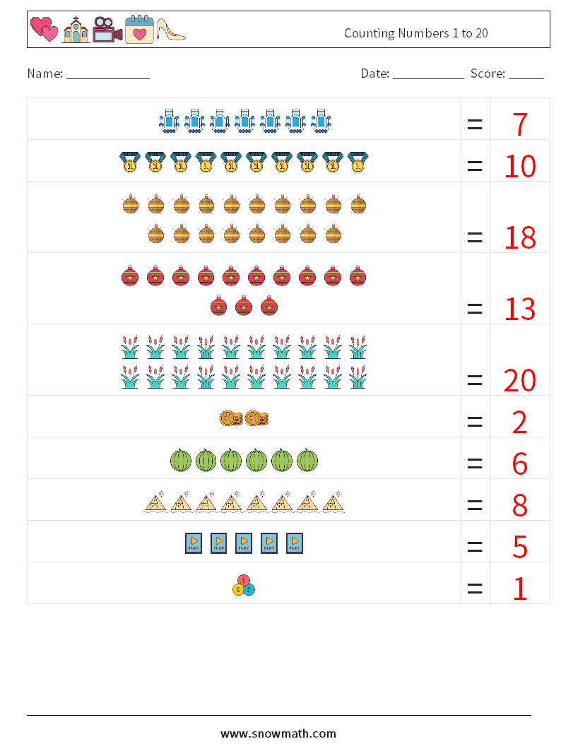 Counting Numbers 1 to 20 Math Worksheets 9 Question, Answer