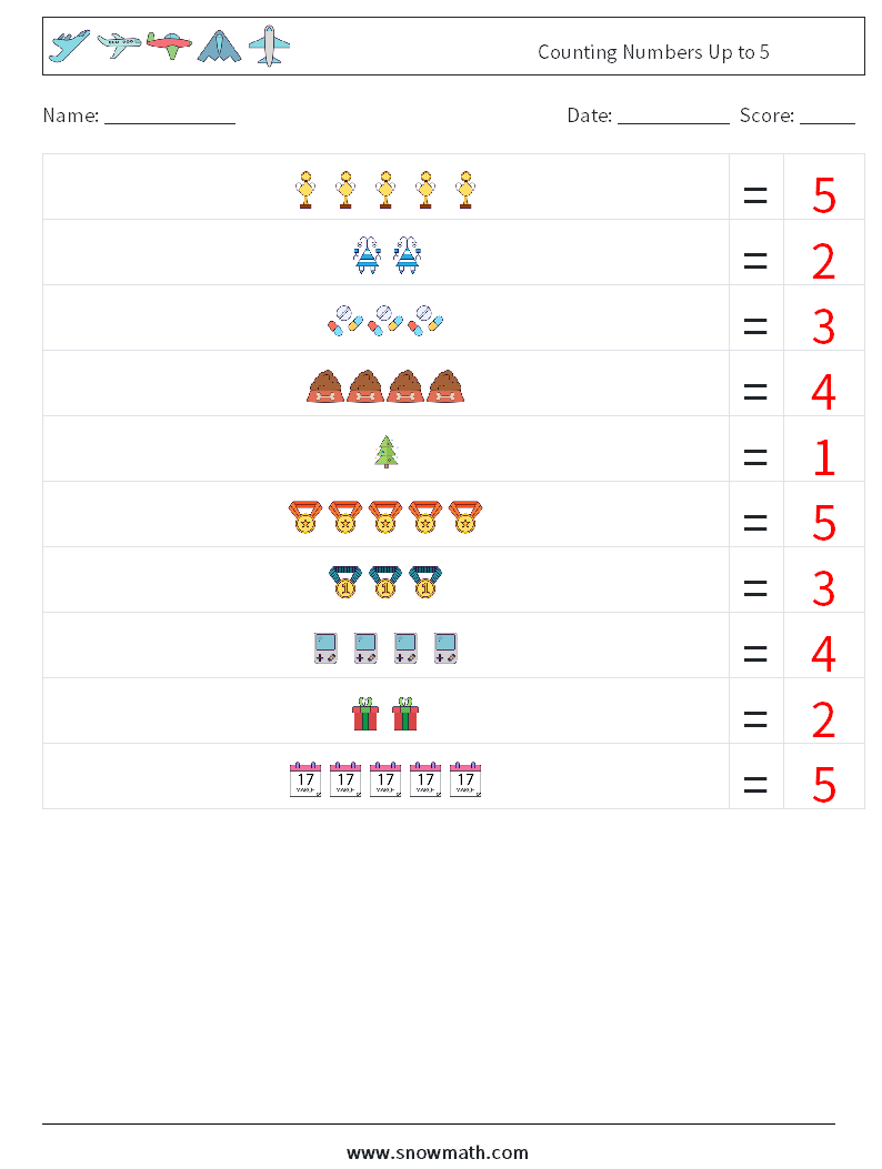 Counting Numbers Up to 5 Math Worksheets 13 Question, Answer