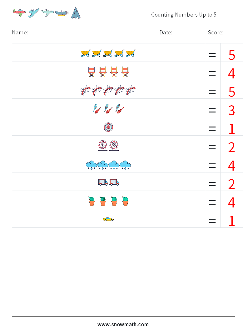 Counting Numbers Up to 5 Math Worksheets 16 Question, Answer