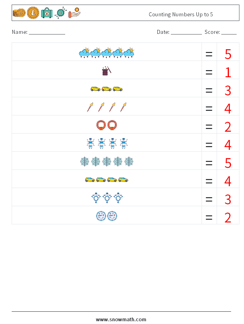 Counting Numbers Up to 5 Math Worksheets 3 Question, Answer