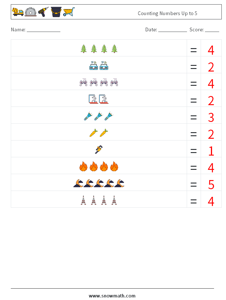 Counting Numbers Up to 5 Math Worksheets 4 Question, Answer