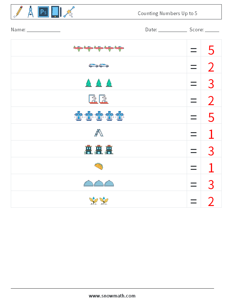 Counting Numbers Up to 5 Math Worksheets 5 Question, Answer