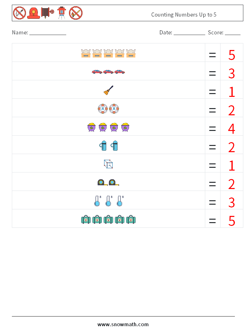 Counting Numbers Up to 5 Math Worksheets 6 Question, Answer