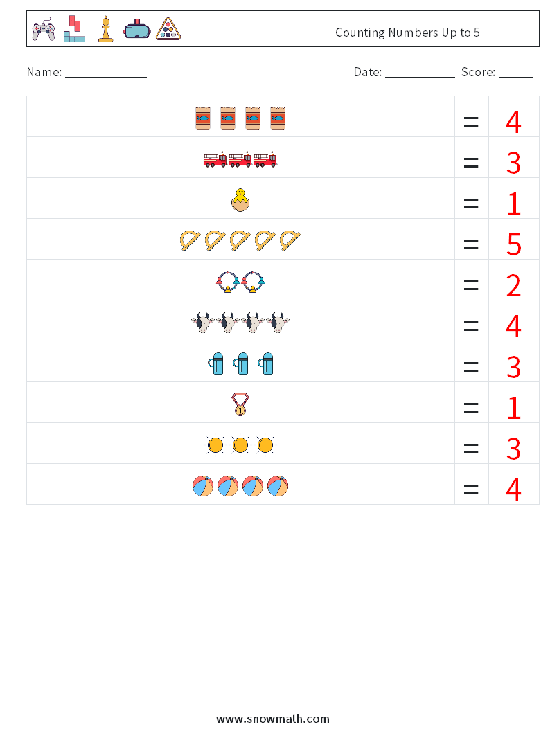 Counting Numbers Up to 5 Math Worksheets 7 Question, Answer