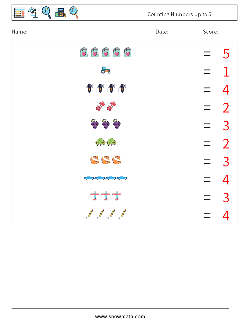 Counting Numbers Up to 5 Math Worksheets 9 Question, Answer