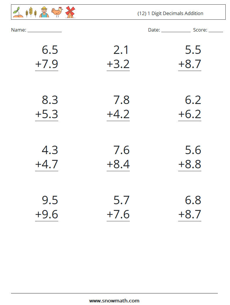 (12) 1 Digit Decimals Addition Math Worksheets 1