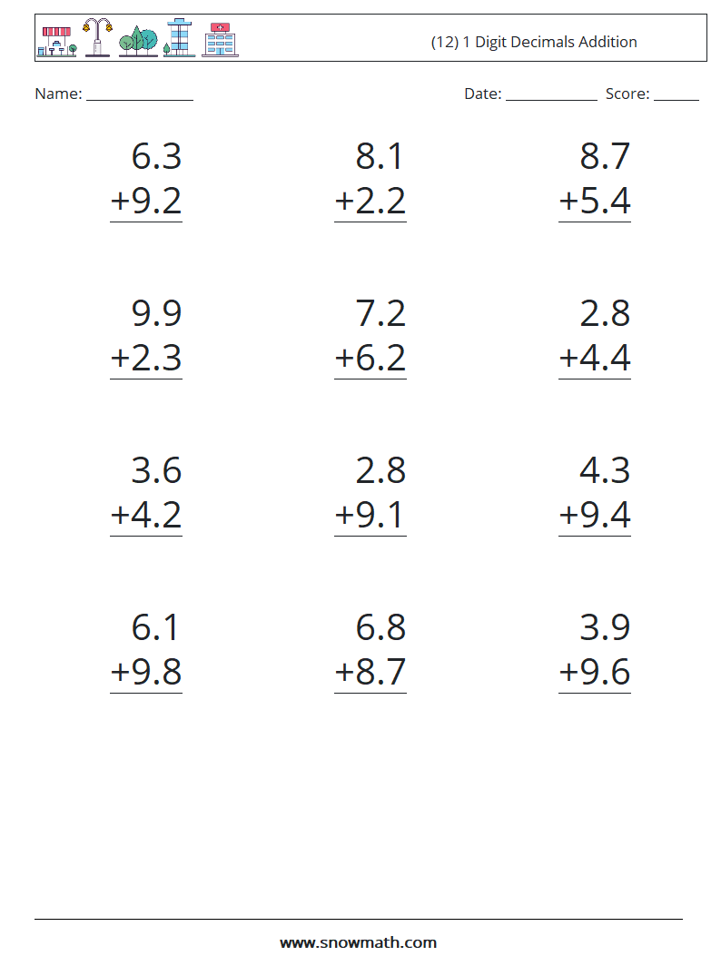 (12) 1 Digit Decimals Addition Math Worksheets 10