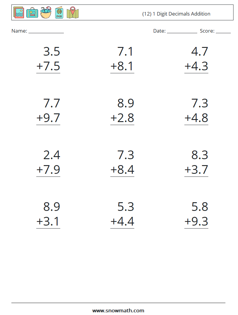 (12) 1 Digit Decimals Addition Math Worksheets 11