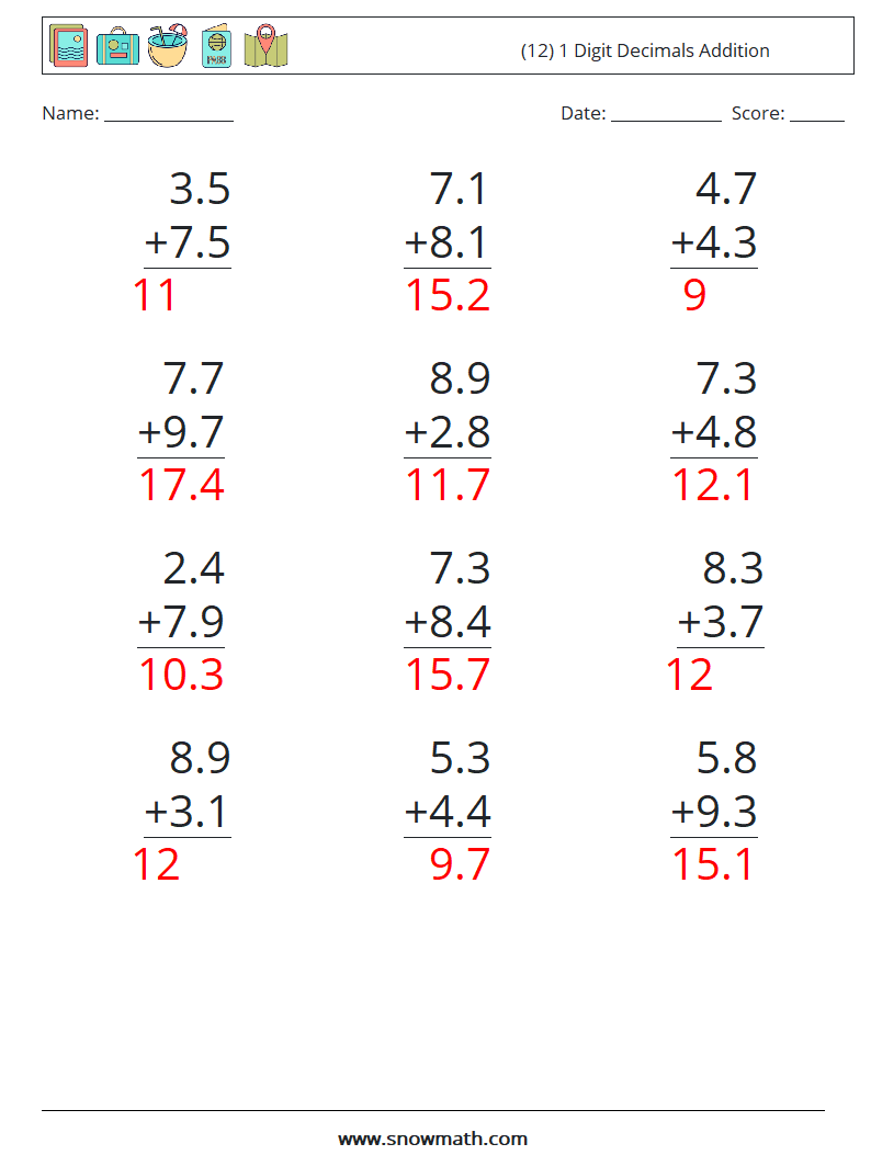 (12) 1 Digit Decimals Addition Math Worksheets 11 Question, Answer