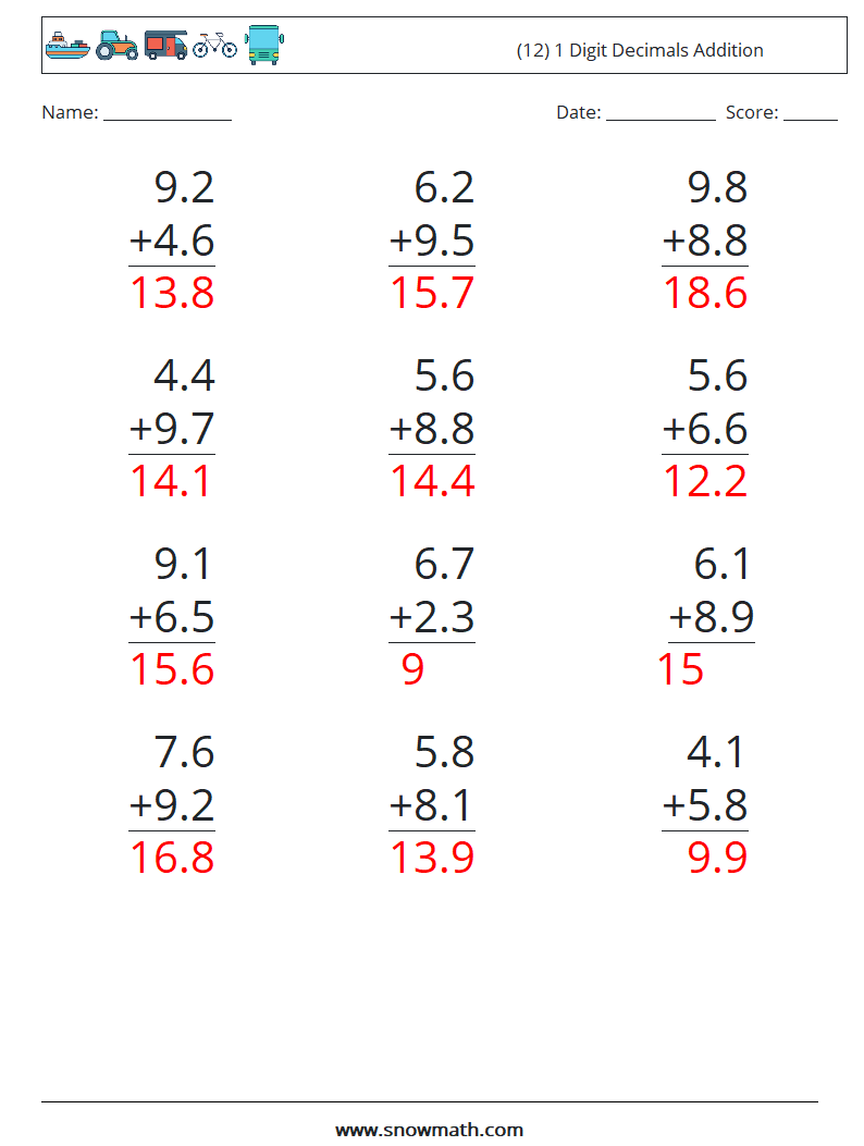 (12) 1 Digit Decimals Addition Math Worksheets 13 Question, Answer