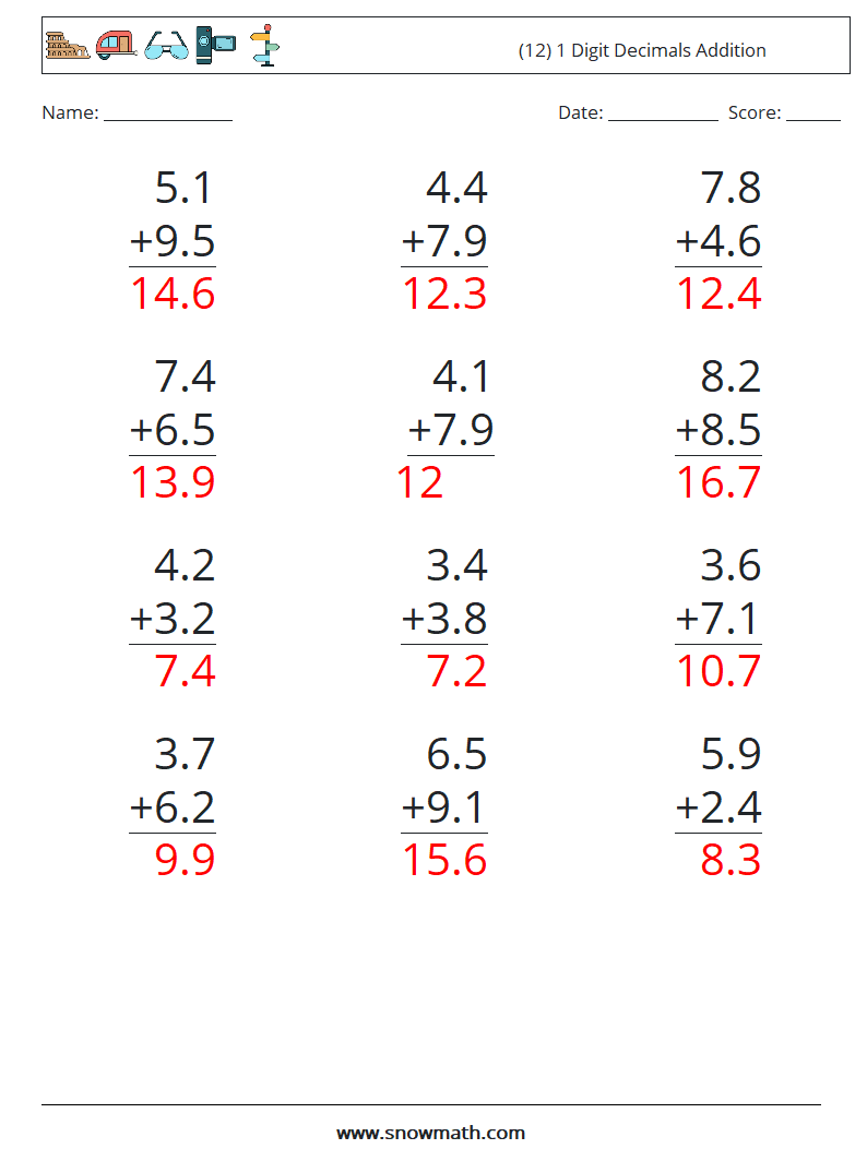 (12) 1 Digit Decimals Addition Math Worksheets 15 Question, Answer