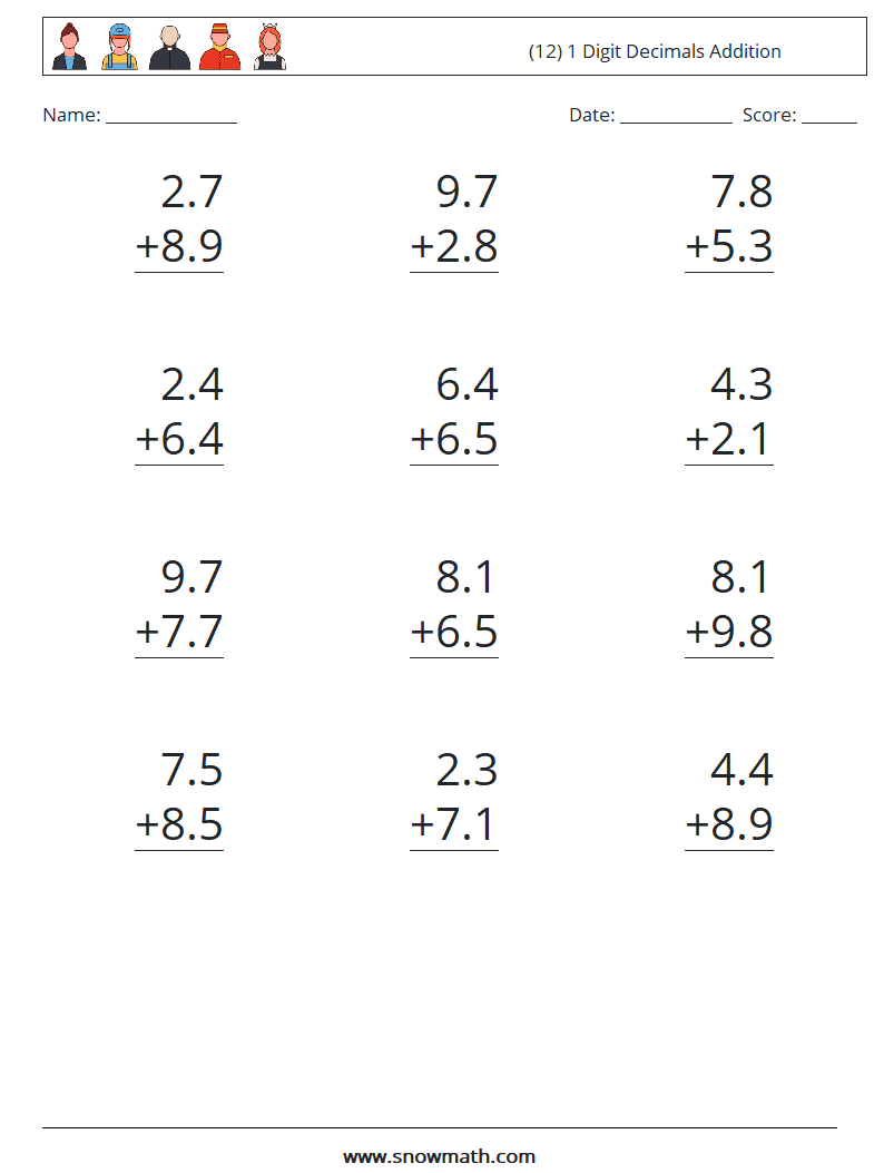 (12) 1 Digit Decimals Addition Math Worksheets 17