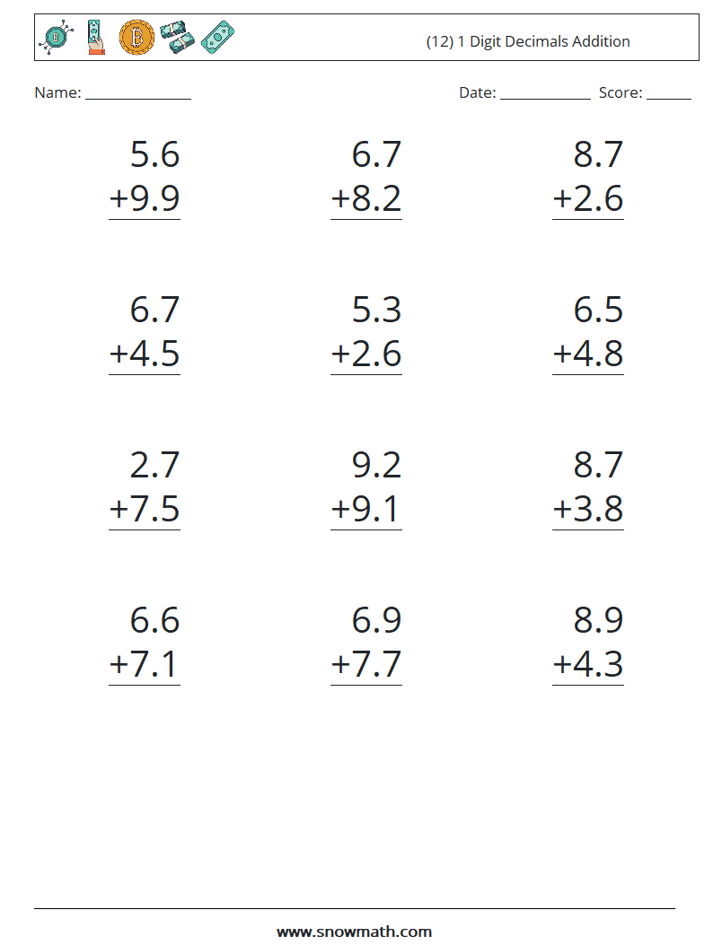 (12) 1 Digit Decimals Addition Math Worksheets 18