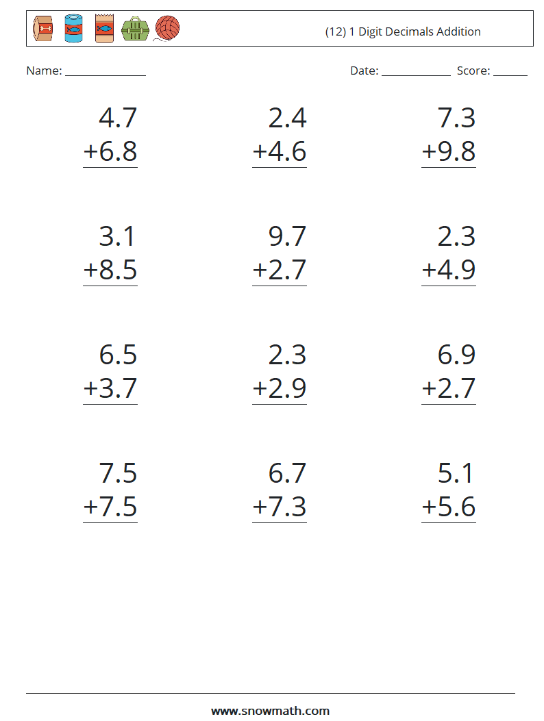 (12) 1 Digit Decimals Addition Math Worksheets 2