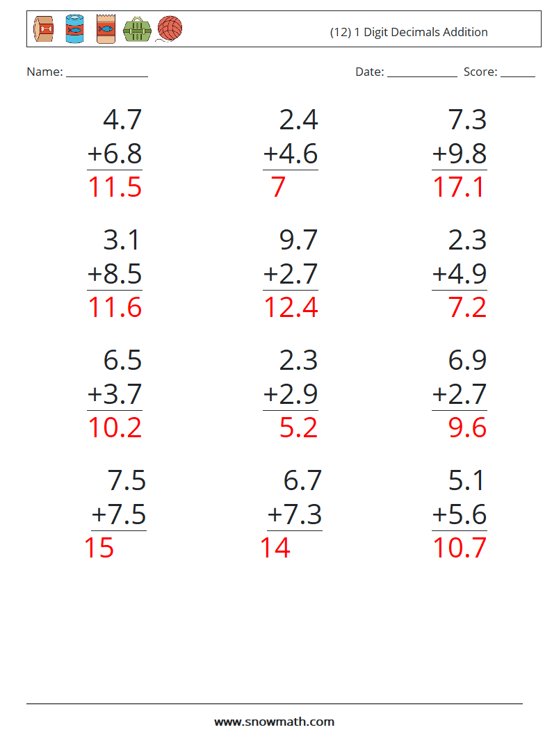 (12) 1 Digit Decimals Addition Math Worksheets 2 Question, Answer