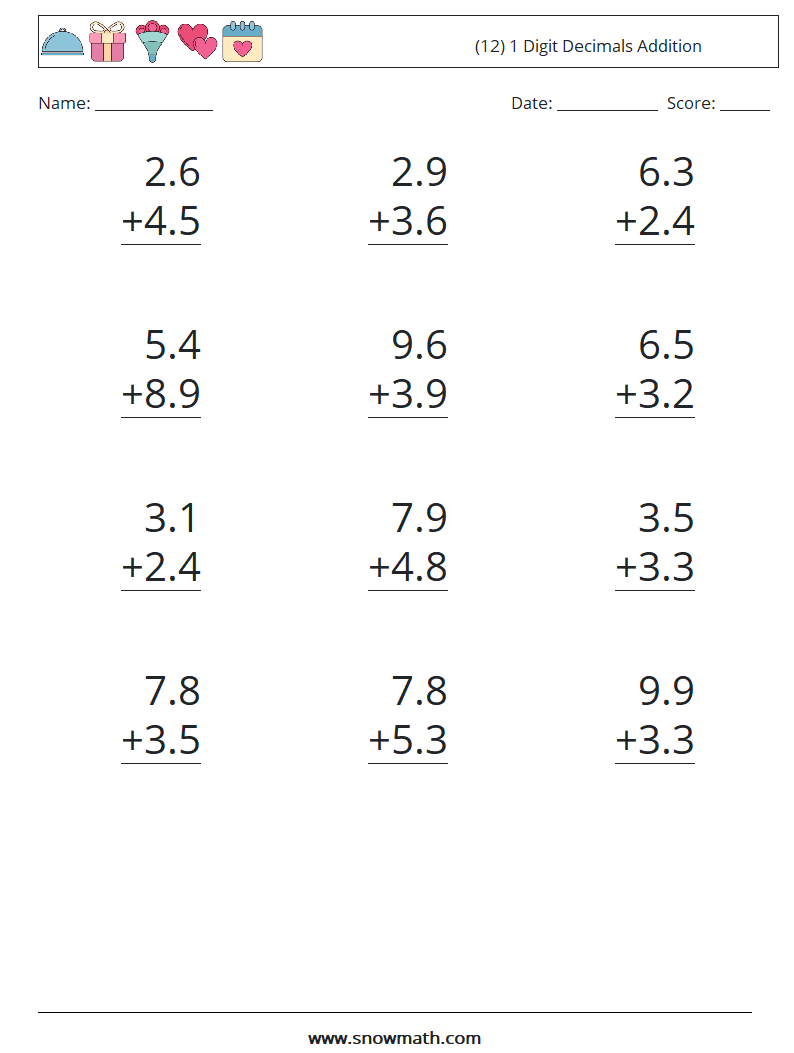 (12) 1 Digit Decimals Addition Math Worksheets 3