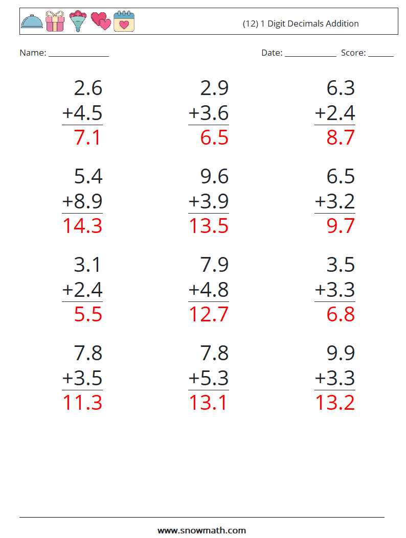 (12) 1 Digit Decimals Addition Math Worksheets 3 Question, Answer