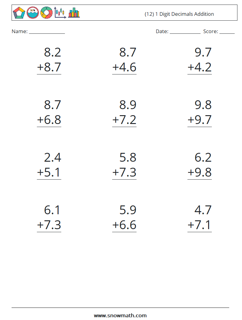 (12) 1 Digit Decimals Addition Math Worksheets 4